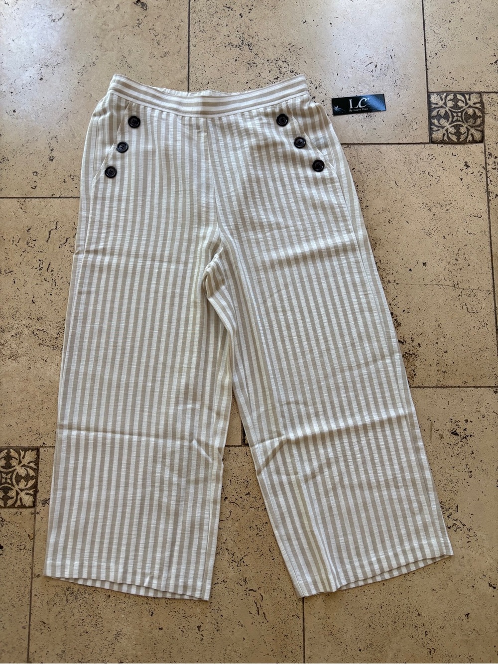 Striped Wide-Leg Button Detail Pants - Cream & Beige